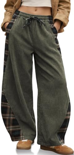 TARSE Womens Corduroy Barrel Pants with Pockets Y2K Plaid Patchwork
