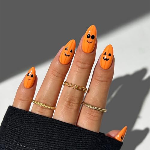 Halloween Pumpkin Press On Nails - Medium Acrylic Almond Shaped F...