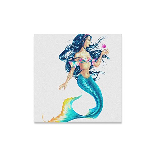 Interestprint Watercolor Mermaid Holding A Flower Myth Design Canvas Prints Wall Art Stretched And Framed Abstract Canvas Paintings For Wall And Home Decor, 16" X 16" #TOP6