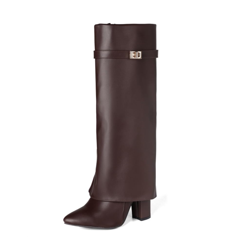 Knee High Boots Chunky Heel Pointed Toe with Inner Zipper Dress Balck Brown White Wide Calf Tall Boots