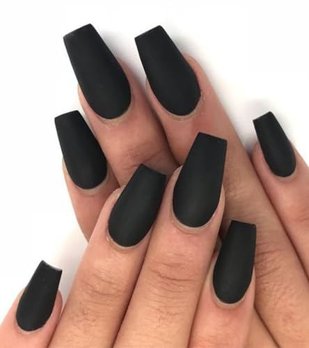 Press On Nails - Black Velvet Coffin Matte Fake Nails, Long, Soli...