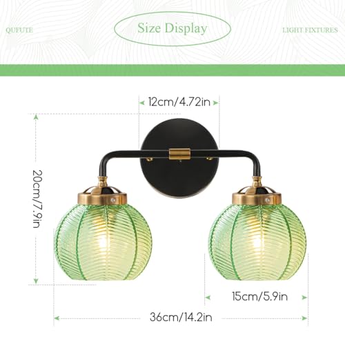 Image of Bathroom Wall Light Emerald Green 2-Lights Leaf Texture Glass Shade | Modern Vanity Light Fixtures 15cm /5.9″ Thick Globe Glass Shade Mid Century Wall Lamp Sconce Over Mirror Living Room Cabinet