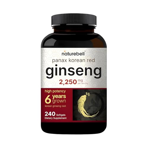 NatureBell Panax Korean Red Ginseng - 240 Softgels - 2,250mg High Strength Herbal Vitality Support* - Standardized 10% Ginsenosides from Six-Year-Old Ginseng Root - Energy & Immune Support*