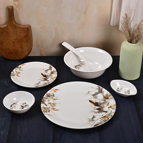 Image of Golden Fish 16 Pieces Complete Dinner Set for Home | 4 Full Plates, 4 Quarter Plates, 4 Veg Bowls, 2 Donga & 2 Serving Spoons | Ideal for Family Dining, Guests, Parties & Gifting