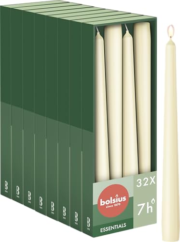 Bolsius - Lot de 32 Bougies Coniques Lisses - Ivoire - En Carton - Bougies Décoratives pour la Maison - Durée de Combustion : 7 Heures - Non Parfumées - Contient de la cire végétale naturelle