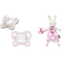 Chicco PhysioForma Dual Soft Orthodontic Pacifier, 2-6m Grey/Pink, 2pk + Chicco Pocket Buddy Soft Pacifier Holder-Lovey Pink Bunny