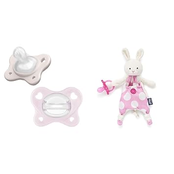 Chicco PhysioForma Dual Soft Orthodontic Pacifier, 2-6m Grey/Pink, 2pk + Chicco Pocket Buddy Soft Pacifier Holder-Lovey Pink Bunny