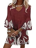  shownicer Robe Femme Été Col V Robe Droite Fluide Manches 3/4 Robe Mi Longue Chemise Tunique Boho A-Line Dentelle Robe Volant Sexy Chic Rétro Robe de Plage D Rouge XXL