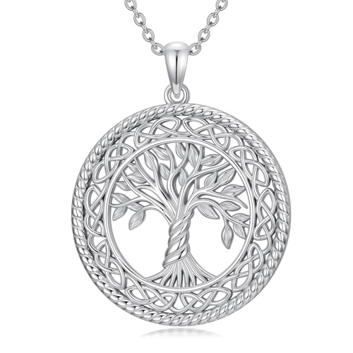 Tree of Life Necklace with Celtic Knot for Her, Real Silver Life Tree Necklace with 18K White Gold Plated for Women Ladies Birthday Christmas Wedding Anniversary