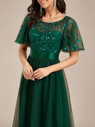 Image of Ever-Pretty Sequin Formal Prom Dresses for Women Ruffle Sleeves Empire Waist A-Line Long Mother of Bride Dress 00904