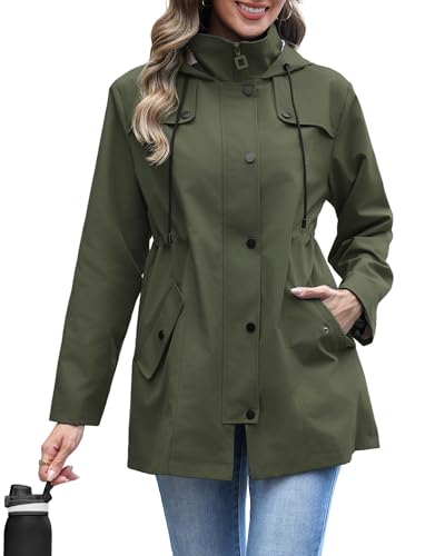 RUMIA Raincoat Women Waterproof Long Hooded Trench Coats Lined Windbreaker Jackets for Women 2026 ArmyGreen M