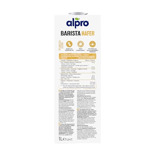 Alpro Barista Haferdrink – Zum Aufschäumen – Vegan und milchfrei – Von Natur aus laktosefrei – Reich an Ballaststoffen, Calcium und Vitaminen – 8 x 1 L – Haltbar