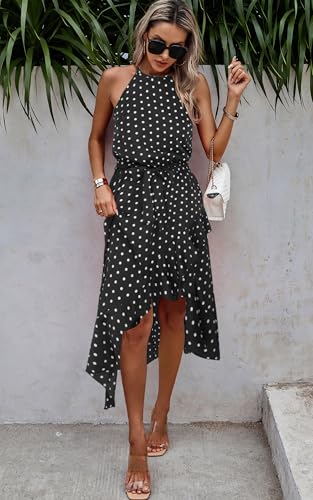 Image of ECOWISH Polka Dot Women Summer Dresses Casual Midi A Line Ruffle High Low Sleeveless Boho Floral Halterneck Cocktail Sundress