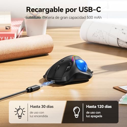 TECKNET Kabellose Trackball-Maus, Ergonomische Maus mit Bluetooth und verschlüsseltem Dongle, 6 Tasten,3 Geräte Verbindung, RGB-Beleuchtung, für PC/Mac 5