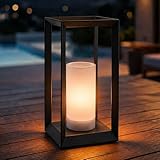 DANCYHOME H14 Inch Modern Minimalist Open Frame Solar Lantern with LED Candle Black Geometric Decorative Lantern for Indoor Outdoor Table Patio Decor