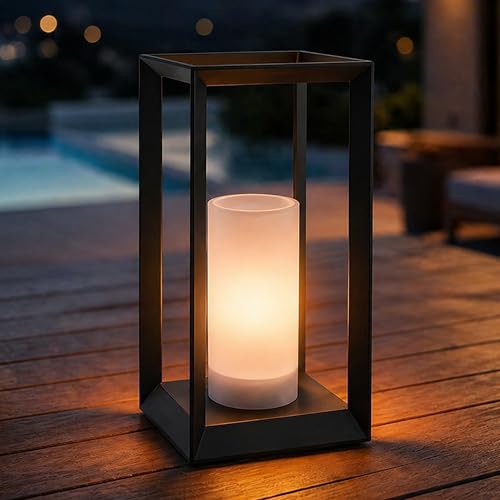 DANCYHOME H14 Inch Modern Minimalist Open Frame Solar Lantern with LED Candle Black Geometric Decorative Lantern for Indoor Outdoor Table Patio Decor