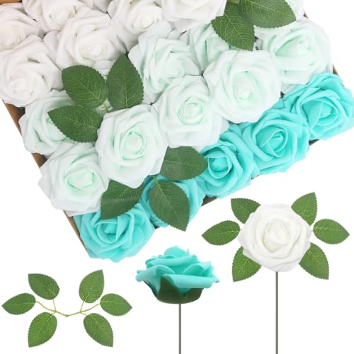 WANTMAZOR 200PCS Green Series Realistic Roses - Artificial Latex Foam Flowers with Bendable Stems & 100PCS Leaves for Wedding, Home and Party DIY Decor