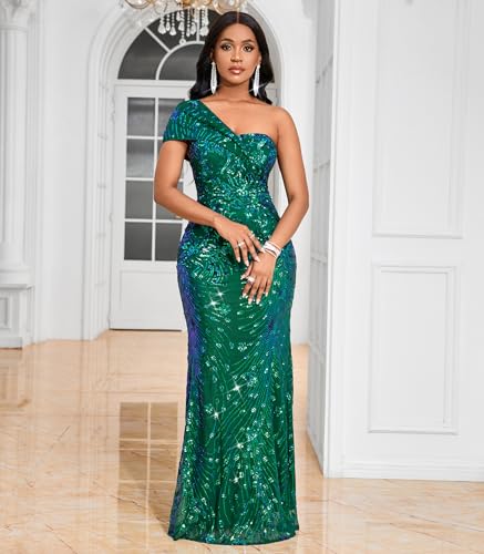 Image of Cololura Women Sexy Sequin One Shoulder Mermaid Formal Party Cocktail Gowns Bodycon Evening Maxi Dress