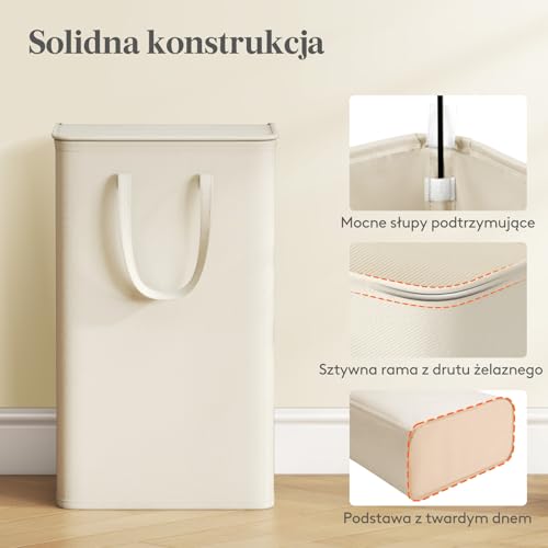 Lifewit Kosz na Pranie Wąski z Pokrywą, Składany Kosz na Pranie, Laundry Basket z Długimi Uchwytami do Sypialni Łazienki Pralni, 75 L, Biały