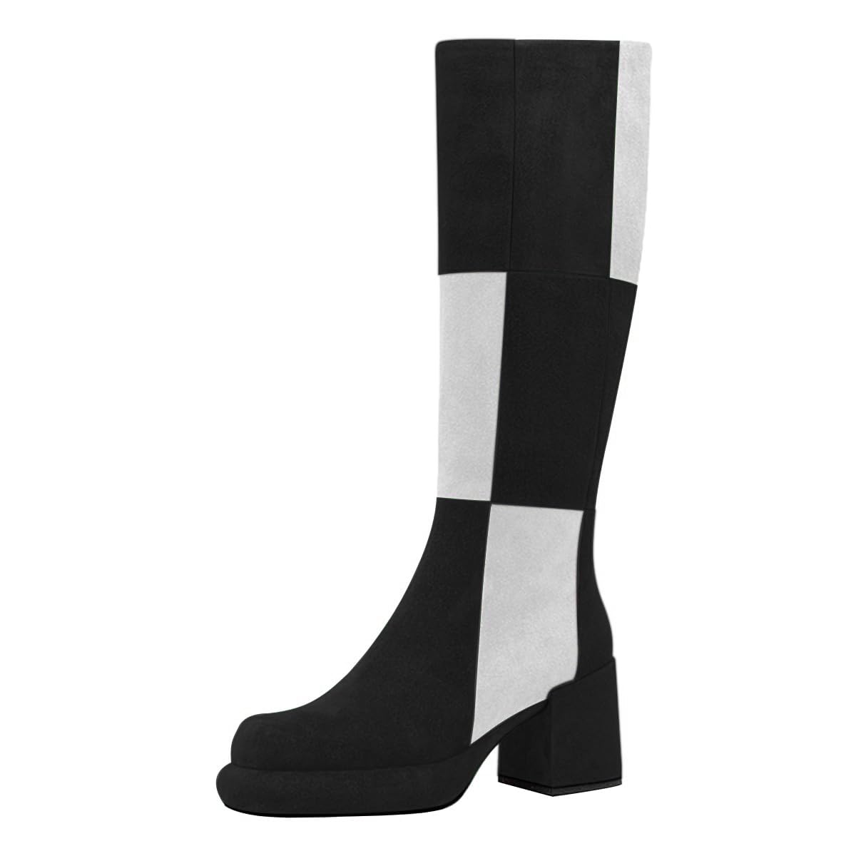 miss left Women Platform Knee High Boots Closed Round Toe Mid Chunky Heel Patchwork Winter Fall Boot Side Zip Dressy Daily Casual Party Walking Shoes