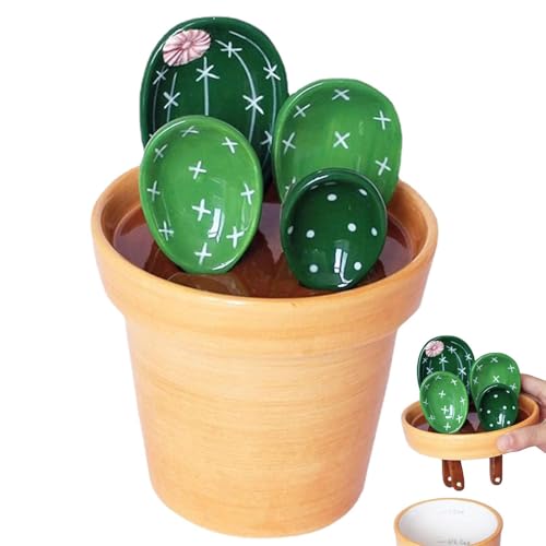 Cactus Measuring Spoons and Cups Set - 4 Pcs Cactus Measuring Spoons Set in Pot Organizer, Cute Kitchen Measuring Spoons with Base, Ceramic Kitchen Measuring Cups and Spoons for Baking Salt Sugar