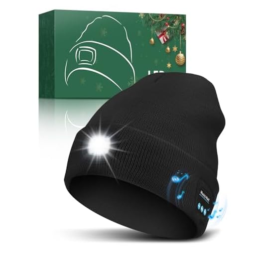 MOXTOYU Unisex Bluetooth Beanie with Light, USB Rechargeable LED Headlamp Winter Hat, Christmas Stocking Stuffers Gifts Warm Knitted Cap for Men Women Dad Mom Black