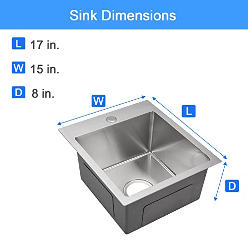 Rovogo 15"X17" Drop In Bar Prep Sink Stainless Steel, 1-Hole Single Bowl Kitchen Sink With Basket Strainer, Small Secondary Entertainment Wet-Bar Sink, Brushed #TOP6