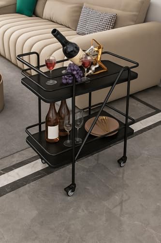 Image of Brown Art SHOPPEE 2 Tier Solid Metal Bar Trolley Serving Trolley Coffee Table Bar Trolley Serving with Wheel Home and Restaurant Mobile Cart for Food Serving Table for Living Room (Black)