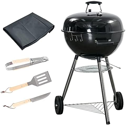 Outsunny Holzkohlegrill mit Grillrost Abdeckung Thermometer Ablage Grillwagen Rundgrill Standgrill BBQ rund mit Aschefänger Metall Schwarz 65 x 65 x 108 cm Cover
