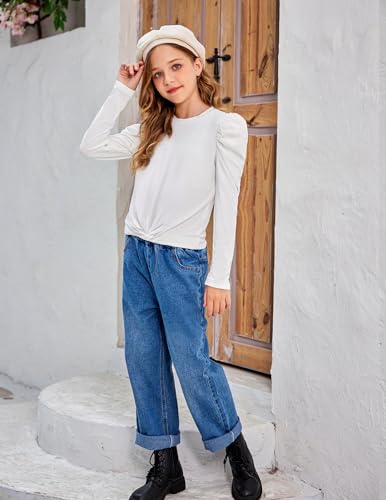 Image of Arshiner Girls Puff Long Sleeve Shirts Twist Front Ribbed Knit T Shirt Crop Tops Tee Blouse