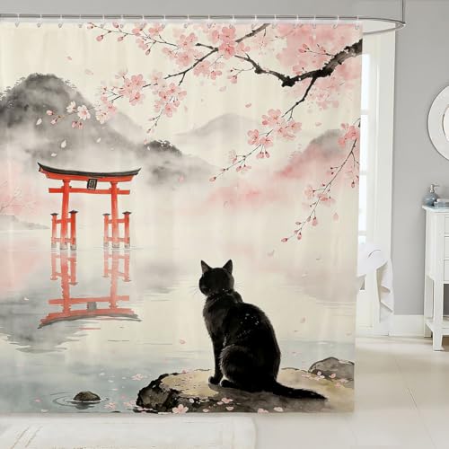 Feelyou Cute Cat Shower Curtains Japanese Ink Style Bathroom Curtain for Kids Women Men Vintage Flower Bathroom Accessories Waterproof Polyester Fabric for Stalls Bathtubs 72"x84"