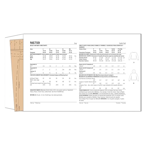 New Look UN6759A Easy-to-sew Misses' and Men's Sweatshirts Sewing Pattern Kit with Hood Variations, Design Code N6759, Sizes S-M-L-XL-XXL