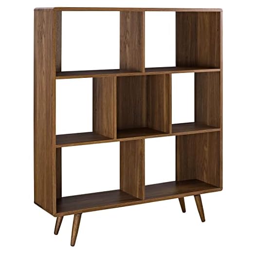 Modway Transmit Mid-Century Offset Cube Wood 7 tier Bookcase in Walnut