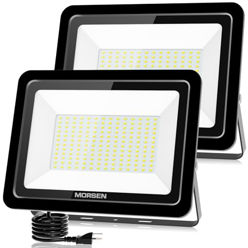 MORSEN 200W Flood Light Outdoor Plug in - 20000LM 5000K LED Flood Light, IP66 Waterproof, UL Listed Daylight Security Lights for Garden, Yard, Garage, Stadium, 2 Pack