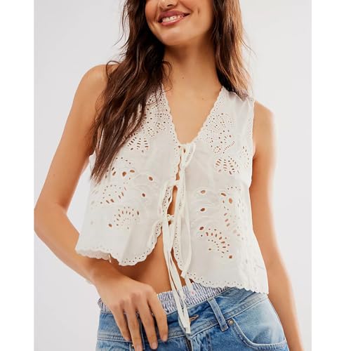 Women Tie Front Vest Floral Eyelet Embroidered Tank Y2K Sleeveless V Neck Crop Shirt Top Cute Going Out Tops2