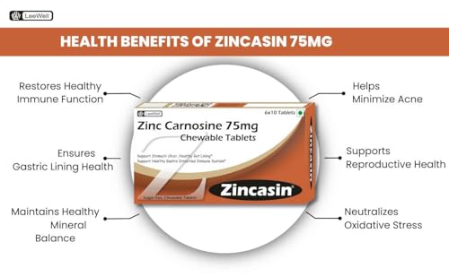 Zincasin Zinc L carnosine Supplement Chewable tablets | Strengthen Digestive tract, Laky Gut, Immunity Booster, Improve Taste buds function, Neurotransmitter Support | Healthy Skin, Acne, Hair Loss, IBS, IBD, Gastric Ulcer Support - 60 sugar free