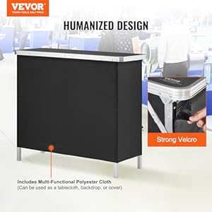VEVOR Folding Portable Bar Table Tradeshow Podium Table for Indoor Outdoor Party Picnic Exhibition Includes Carrying Case Storage Shelf and Black Skirt 3839 x 1516 x 3425