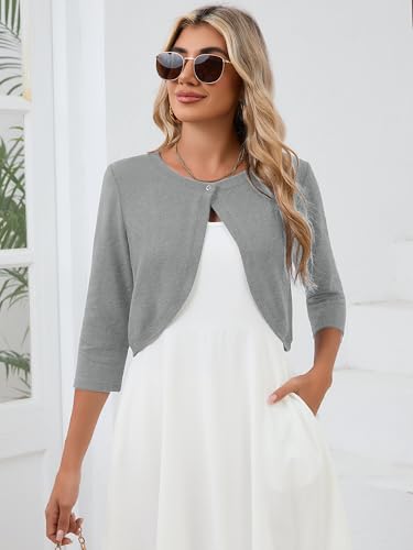 Heymoments Women's Thin Shrugs for Dresses Open Front Light Gray X-Large 3/4 Sleeve Knit Lightweight Crop Cardigan Dressy Cropped Tops Coat Sweater Clothes — view 2