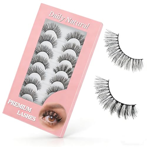 Natural Lashes Spiky False Eyelashes, Wispy Look Invisible Band Flared Eyelashes, False Eye Lashes Soft Fluffy Lashes 8 Pairs Black 9-15MM