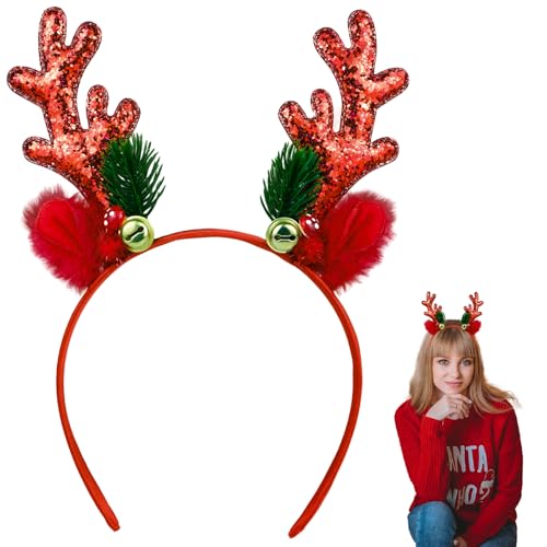 Beviliu Reindeer Antlers Headband, Sequined Christmas Hairband Deer Antler Headband, Halloween Christmas Birthday Party Decorations Reindeer Ears Red