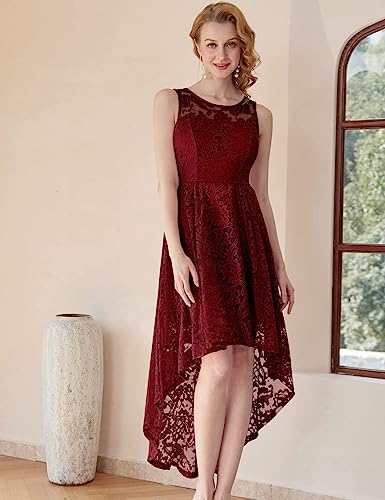 MUADRESS Women's Elegant Floral Lace Dress Sleeveless Crew Neck Hi-Lo Cocktail Prom Dress for Evening Party DarkRed L