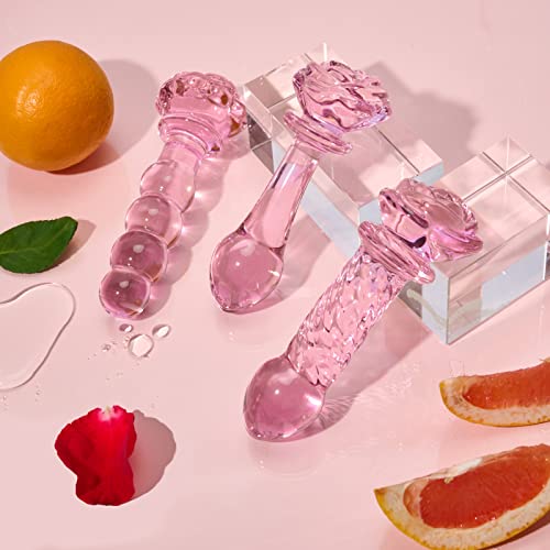 Asnoknae 3-Piece Pink Glass Dildo Butt Plug, Crystal Rose Anal Plug Beads Dildo, Adult Anal Training Sex Toys Set For Men And Women, Three Cute Styles Of Beginner Anal Wands For Varied Stimulation #TOP4