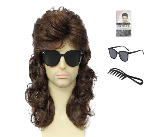 Image of 70s /80s Brown Mullet Wig, Unisex Retro Curly Mullet Wig for Halloween, Cosplay, 80s Themed Parties Costumes (Medium Brown)