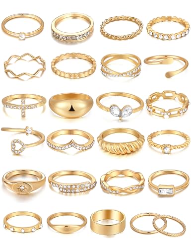 FAXHION 25 PCS Gold Stackable Rings Set for Women, Simple Twist Knuckle Finger Ring Trendy, Dainty Stacking Statement Thumb Rings Pack Jewelry Gift
