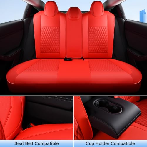 Image of Coverado Car Seat Covers for Tesla Model 3, Full Set 5 Seater, Leatherette Car Seat Covers Front Seats and Rear Back Custom for Tesla Model 3 2024-2025 New Red