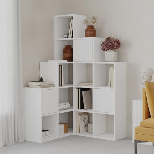 HOCUS PICUS Versatile and Unique Design Bookcase Set | Multipurpose Corner Bookshelf | Cube Shape Display Unit | 3 Door Storage Cabinet | 150.80cm (W) X 28cm (D) | Living Room, Office etc. | White