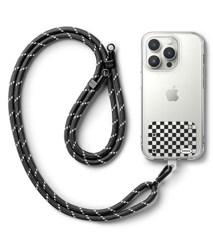 Image of Ringke Holder Link Strap with Graphic Design TPU Tag, Adjustable Crossbody Polyester Rope Lanyard Compatible with Universal Smartphone Case - Checkerboard Black