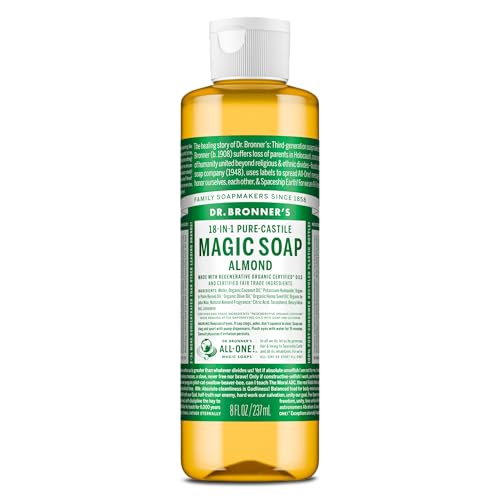 Image of Dr. Bronner's Pure-Castile Magic Soap Liquid (Almond, 8 Ounce) - Made with Regenerative Organic Certified Oils, 18-in-1 Uses: Face, Body, Hair, Laundry, Pets and Dishes, Concentrated, Vegan, Non-GMO | Made with Regenerative Organic Certified Oils, 18-in-1 Uses: Face, Body, Hair, Laundry, Pets and Dishes, Concentrated, Vegan