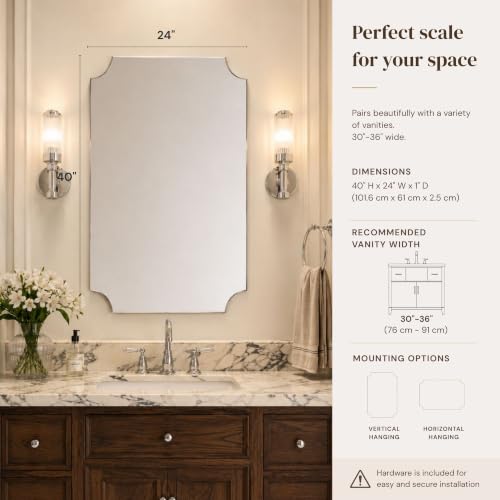 Image of TEHOME 24x40'' Chrome Scalloped Bathroom Mirrors, Silver Decorative Bathroom Vanity Mirror