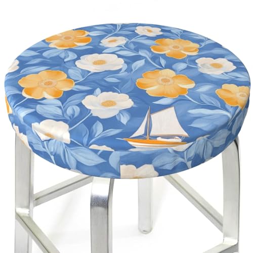 FireDeer White Yellow Flowers Sailboat Round Bar Stool Cover Waterproof Stool Slipcover Anti-Slip Seat Cover Cushion 13 Inch